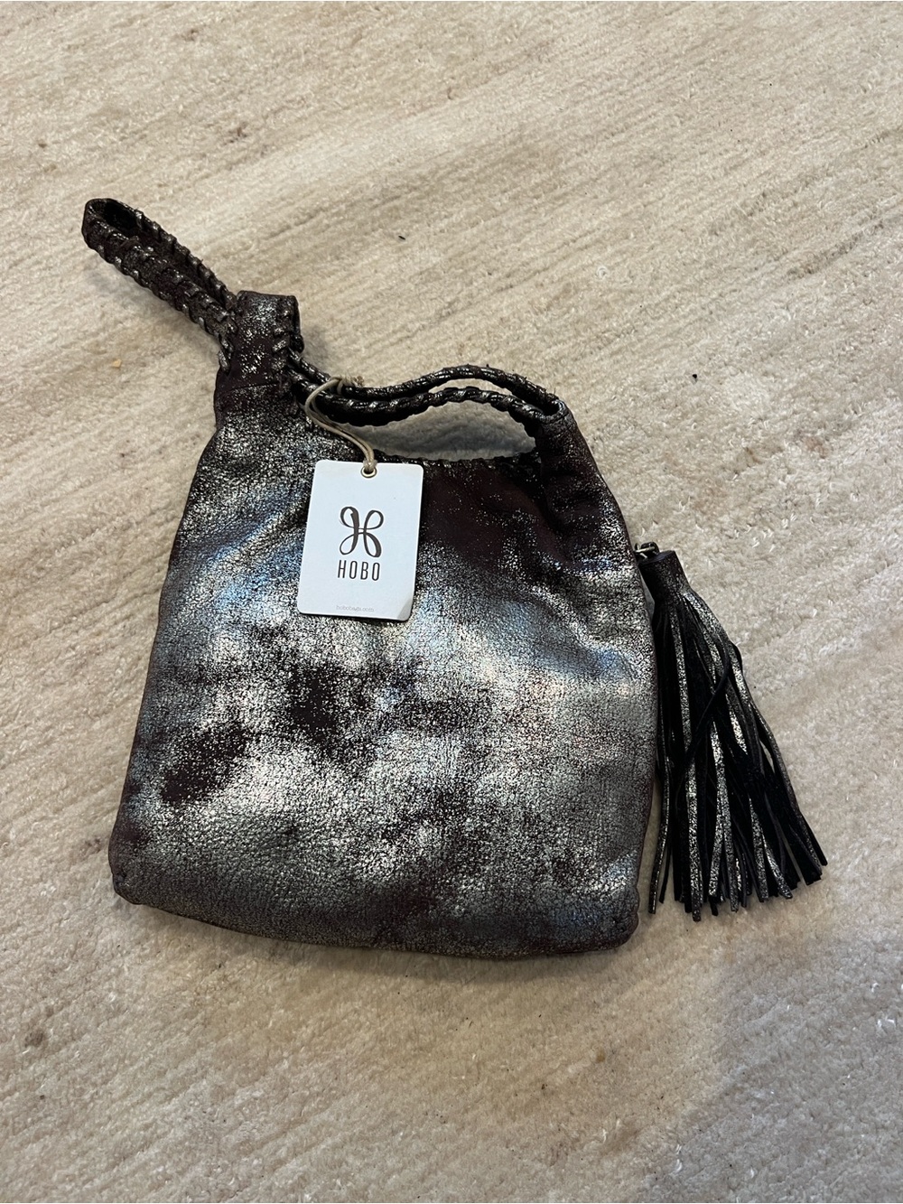 HOBO Blossom Metallic Pewter Braided Handle bag with Tassel